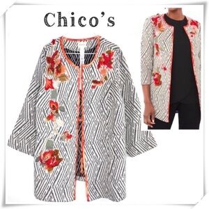 CHICO’S Artisan Floral Applique Jacquard Open Front Blazer Jacket Size 12P